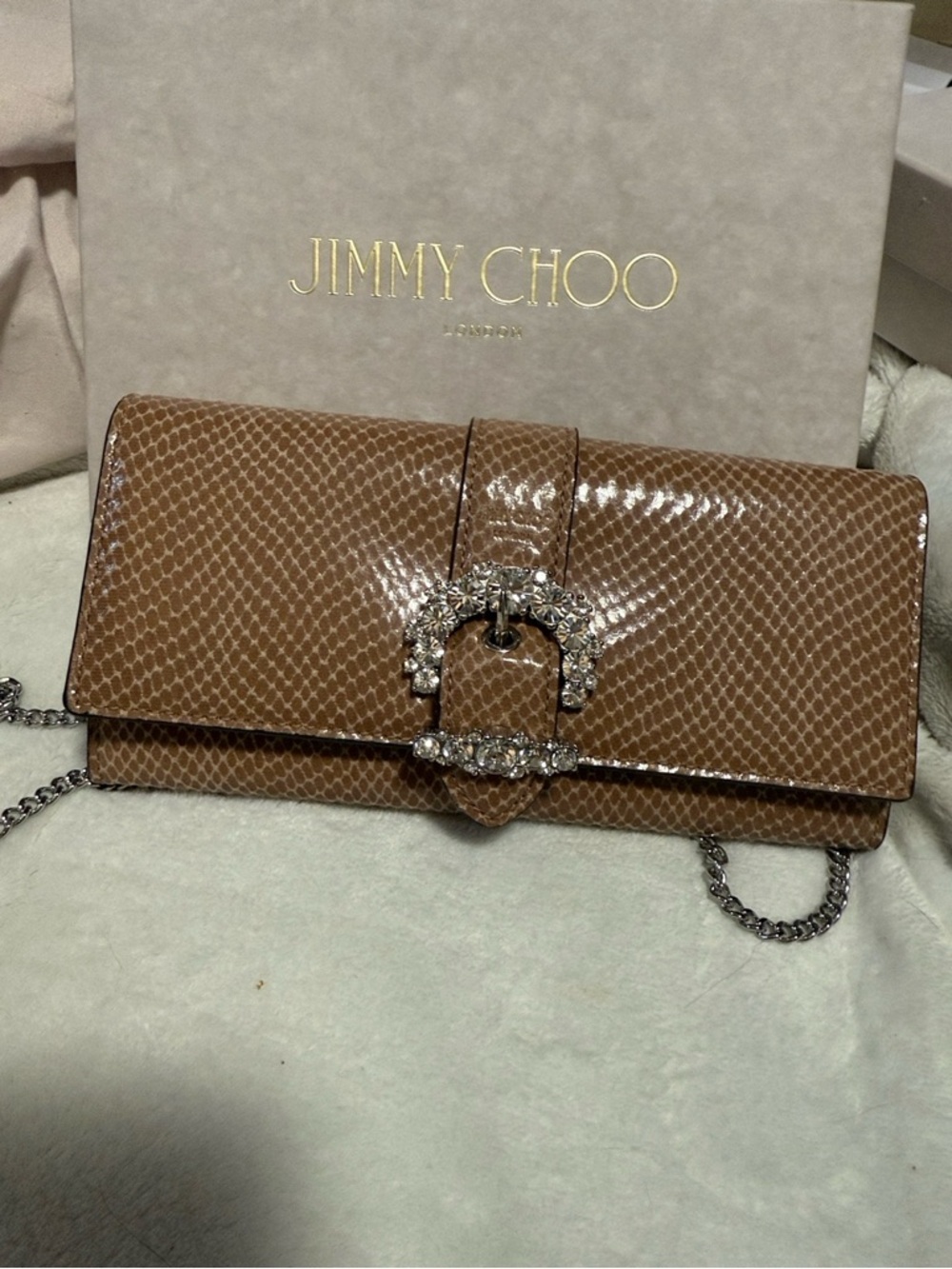Jimmy Choo Cheri Brown Snake-Embossed Crystal Buckle Clutch
